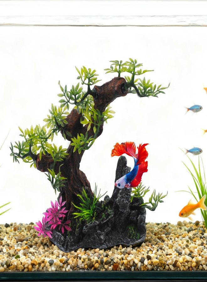 MUYG Aquarium Bonsai Tree Decor,Fish Tank Decorations Resin Rock View with Artificial Plants Accessories Betta Goldfish Ornaments Freshwater Saltwater Décor for Small Fish Shrimp - Image 3